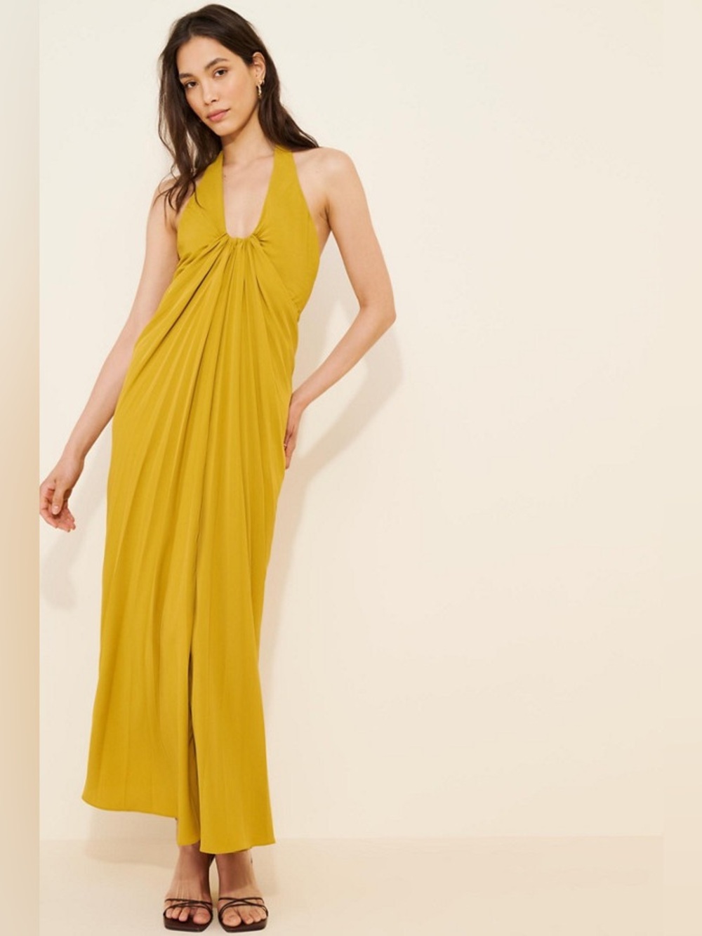 Anthropologie Pleated Halter Maxi Dress Gold Mustard Yellow